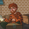 a guy in a tiger sweater sitting in a room full of boxes with a checklist in a hand