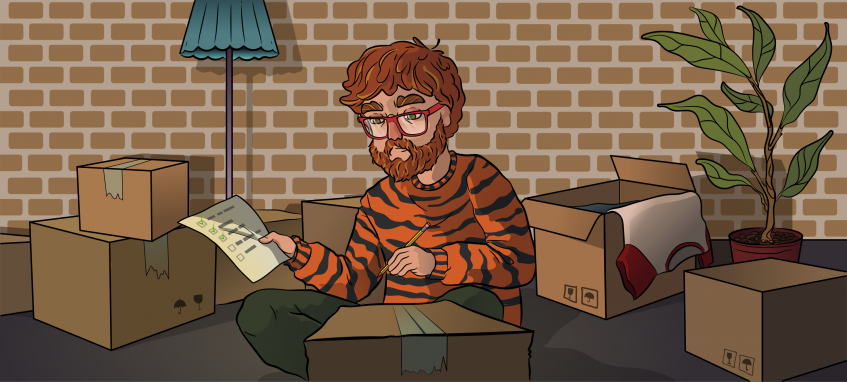 a guy in a tiger sweater sitting in a room full of boxes with a checklist in a hand