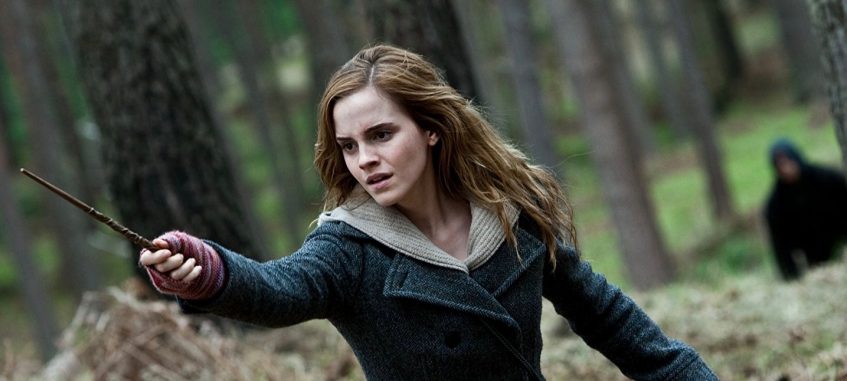 a shot from Harry Potter and the Deathly Hallows part 2 movie with a hermione Granger played by Emma Watson