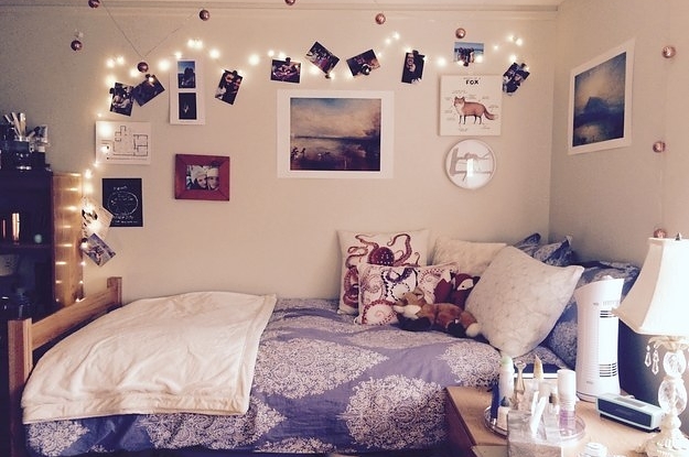 a student dorm room with lights