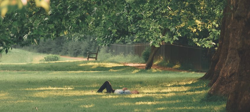 a student lying on the green grass under trees