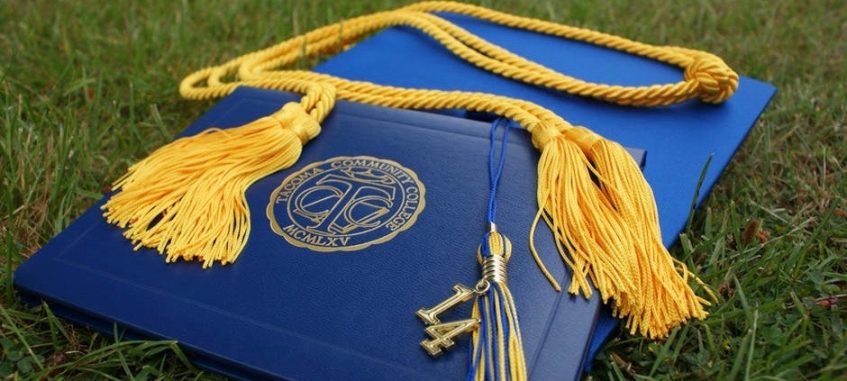 academic cap and diploma placed on green grass