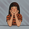 a girl in a tiger shirt is sitting confused and upset