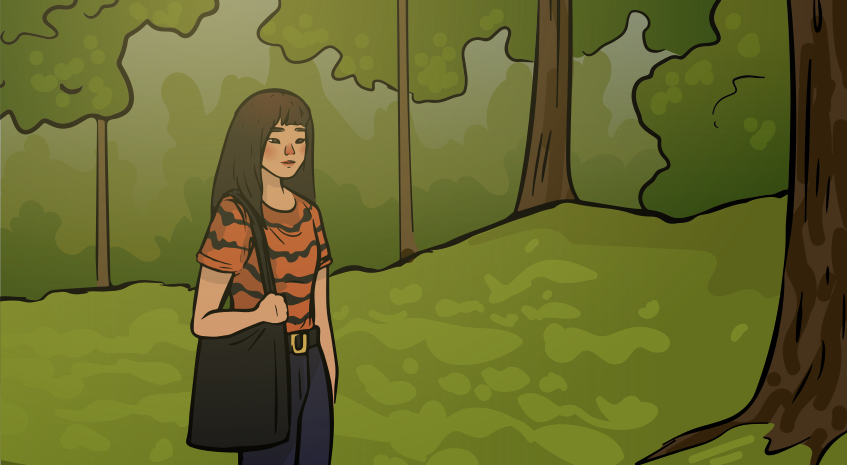 a girl in a tiger shirt is walkig in a park