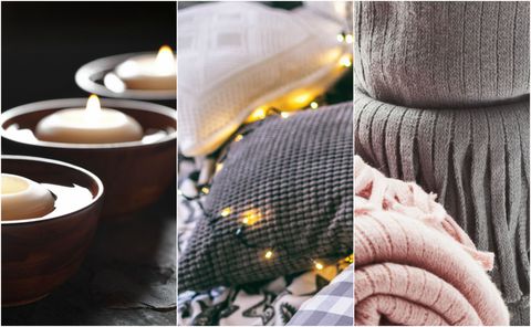 candels, pillows with lights, and knitted blankets