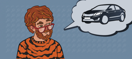 a guy in a tiger shirt is thinking about a car