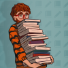 a guy in a tiger sweater is holding a pile of books
