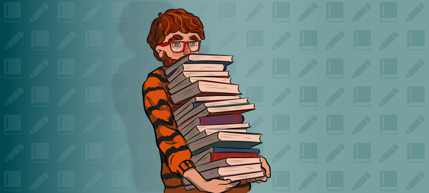 a guy in a tiger sweater is holding a pile of books