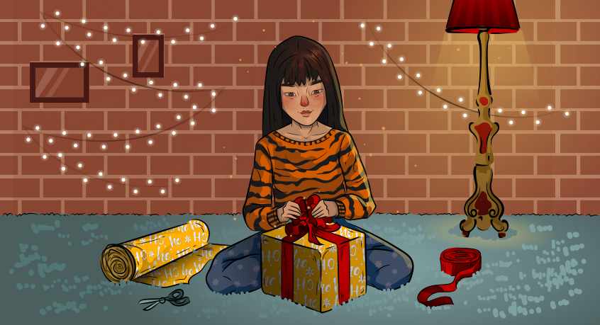 a girl in a tiger sweater is preparing the gifts