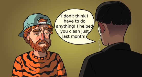 a guy in a tiger sweater is talking to another guy