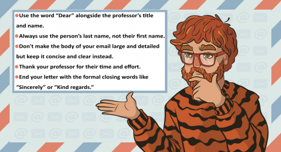 the guy in a tiger sweater points to the main rules of writing an email to a professor