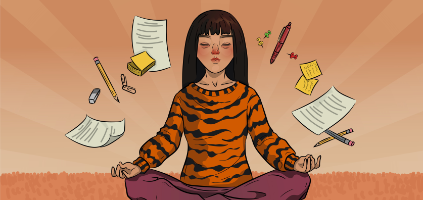a girl in tiger sweater is sitting in lotus position