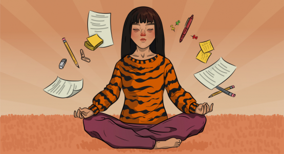 a girl in a tiger sweater is meditating
