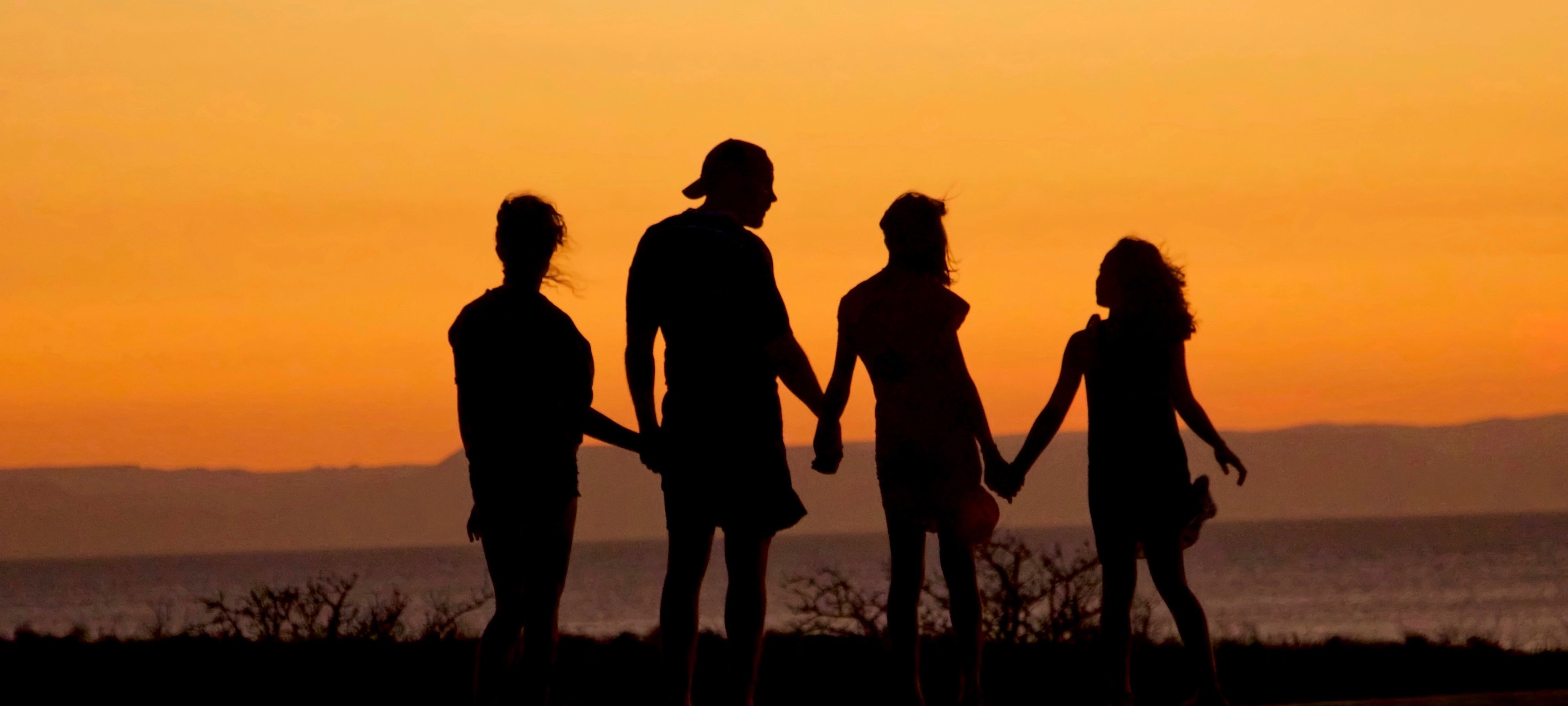 family members hold each other's hands looking at the sea