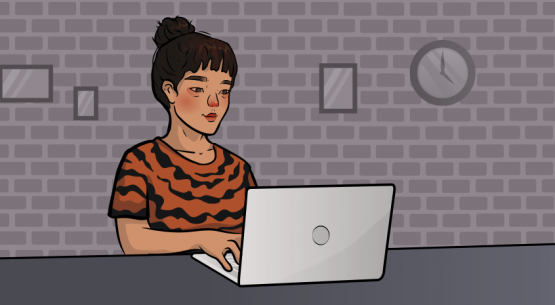 a girl in a tiger shirt is sitting next to her laptop