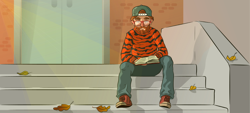 a guy in a tiger sweater is sitting on the dorm stairs