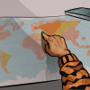 a girl in a tiger sweater is pointing at the world map