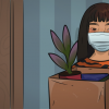a girl in a tiger shirt and mask in standing with a box full of her belongings