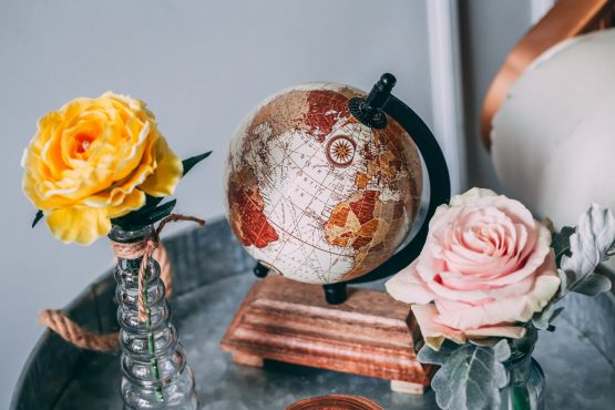 a globe and roses on the table