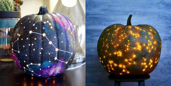 pumpkins decorated with constellations and galaxy patterns