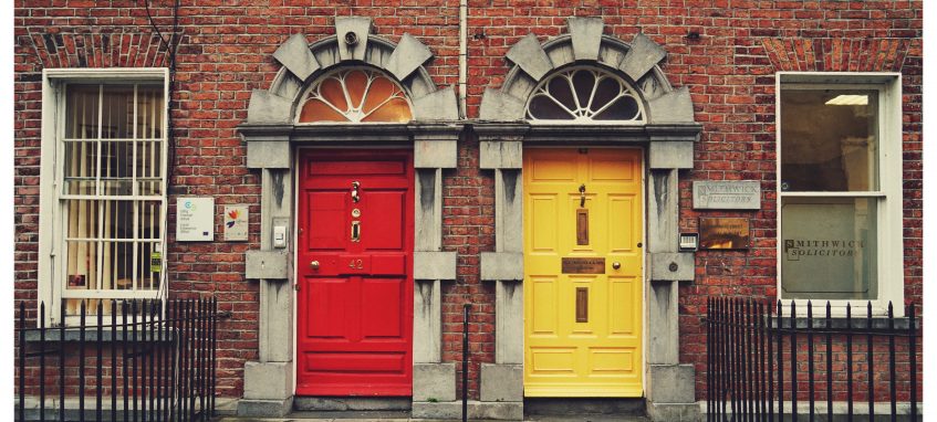 red and yellow entrance doors