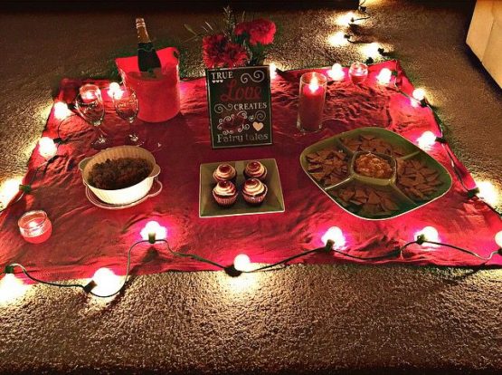 romantic picnic inside the house