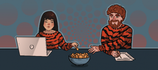 a girl and a guy in tiger shirts enjoy a bowl of chips