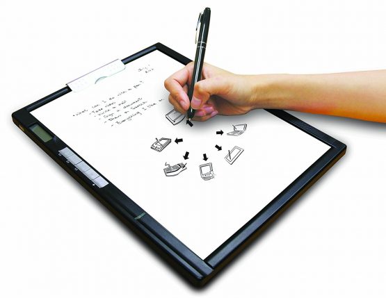 someone holds a pen above a digital notepad