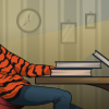 guy in a tiger sweater is sitting at the desk tired