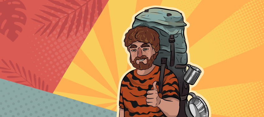 a guy in a tiger shirt is standing smiling with a backpack