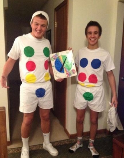 two guys in twister board costumes