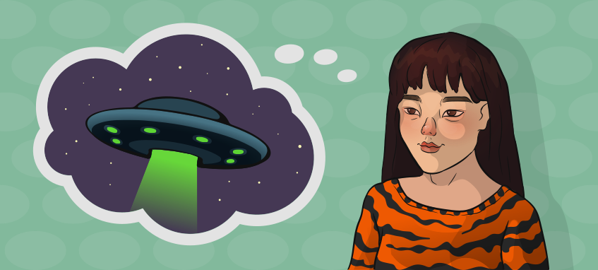 a girl in a tiger sweater is thinking about UFO